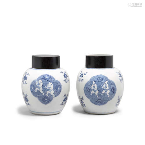 A pair of blue and white 'boys' jars  Kangxi Period