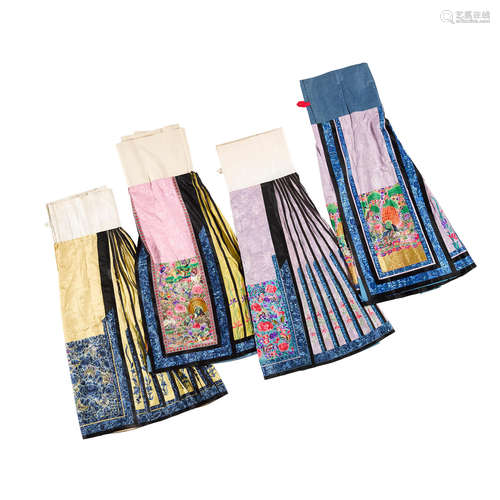 Four embroidered silk skirts   Late Qing Dynasty