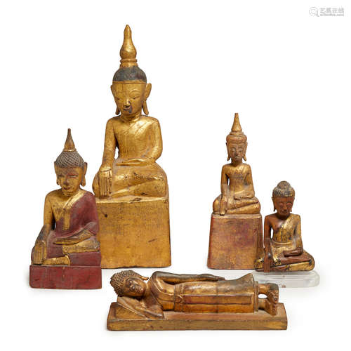 A group of five giltwood buddhas  Burma and Thailand, Late 19th/20th century