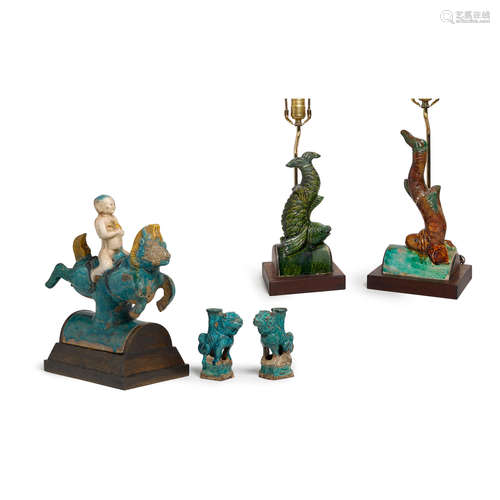 An assembled group of five glazed pottery figural decorations  Ming dynasty and later