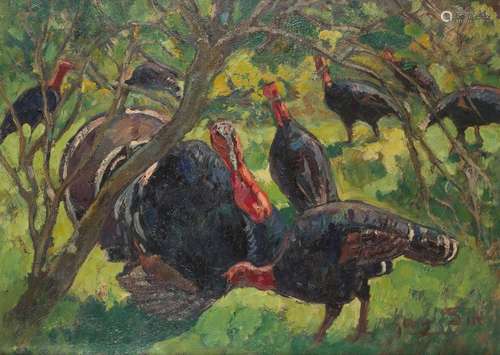 GABRIEL SUE (1867 1958) Turkeys. Oil on cardboard,…