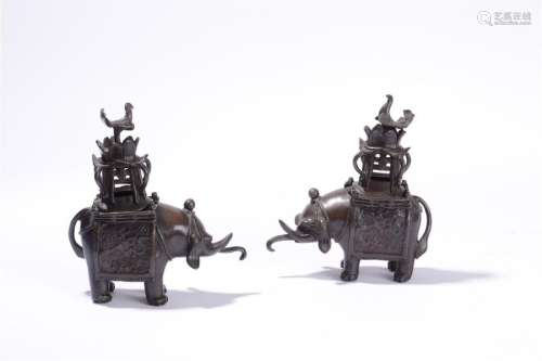 PAIR OF BRONZE BURNERS IN THE SHAPE OF ELEPHANTS C…