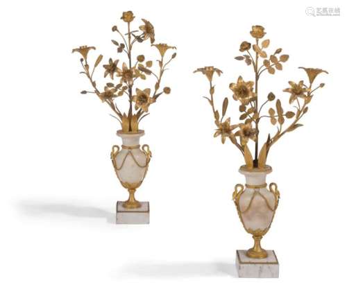 PAIR OF WHITE MARBLE CANDELABRES AND GOLDEN BRONZE…
