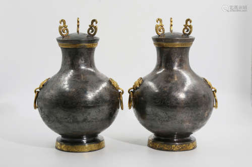 Chinese Pair Of Exquisite Silver Gold Gilded Vessel