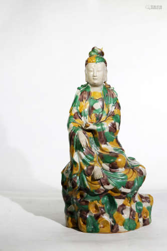 Chinese Qing Dynasty Kangxi Period Su Tricolor Bodhisattva Porcelain Statue