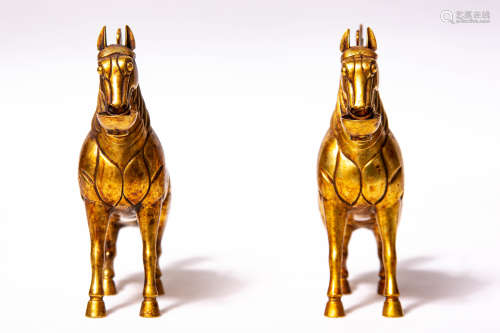 Chinese Pair Of Rare Bronze Gold Gilded Horses