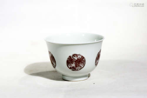 Chinese Qing Dynasty Kangxi Period Underglaze Red Phoenix Pattern Porcelain Bowl