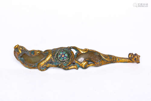 Chinese Bronze Gold Gilded Belt Buckle Inlaid Jade