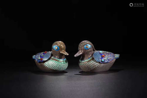 Chinese Pair Of Silver Gold Gilded Enamel Mandarin Duck Cover Boxes