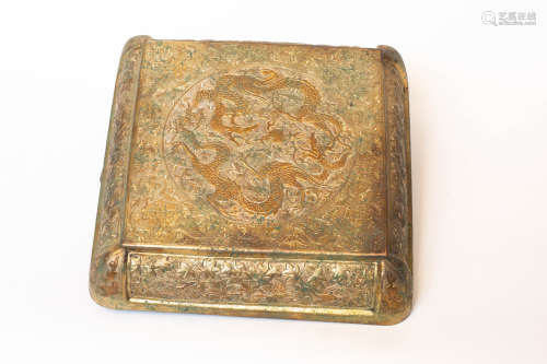 Chinese Bronze Gold Gilded Dragon Pattern Cover Box