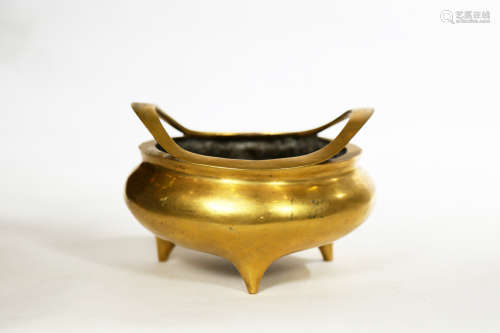 Chinese Ming Dynasty Xuande Bronze Gold Gilded Incense Burner