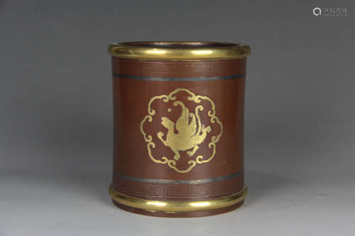 Chinese Bronze Gold Gilded Brush Pot Inlaid Silver
