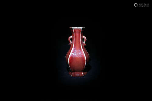 清中期祭红釉六棱双耳瓶