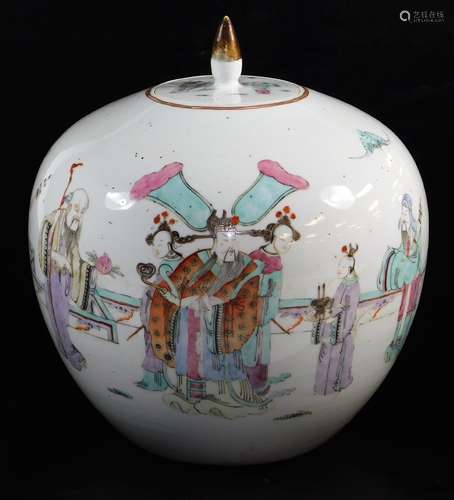 A 20thC Chinese porcelain jar and cover, of bulbous form with shaped lid, polychrome decorated