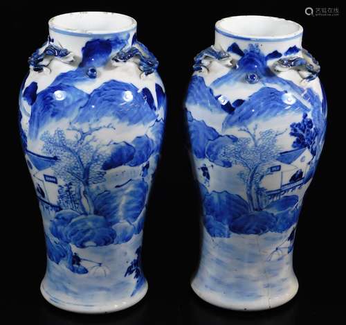 A pair of late 19thC Chinese porcelain baluster vases, the upper sections moulded with chitin (