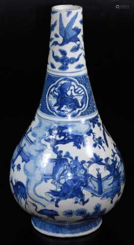 A Chinese blue and white vase, of globular form with cylindrical stem, decorated with panels and