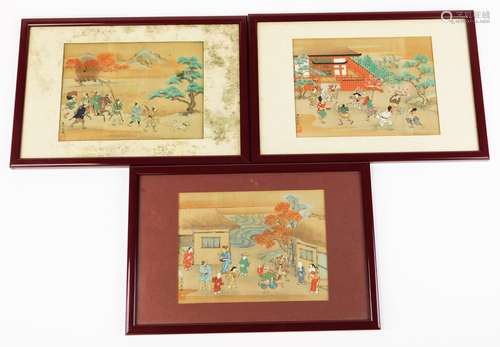 A set of three Japanese woodblock prints. Depicting a dancer with drum in a village; a mounted