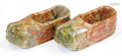 A pair of Chinese soapstone clogs, 10cm wide.