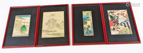 Four glazed woodblock prints. In red lacquer frames, pavilions in rocky landscape; man and woman