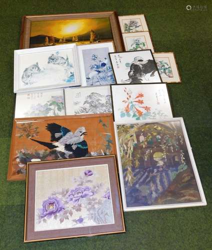 Various Chinese pictures. To include a flowering branch with P Head, owners stamp, 37cm x 42cm,