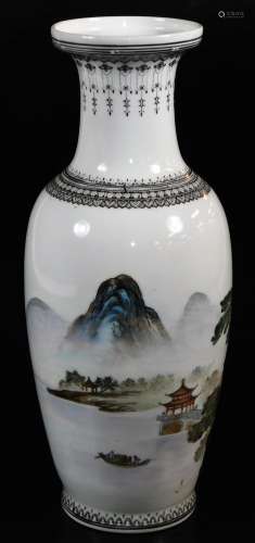 A Chinese Republic porcelain vase, of shouldered for with trumpet stem, polychrome decorated with