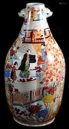 A Japanese Arita porcelain bulbous vase, decorated in orange and brightly coloured enamels with