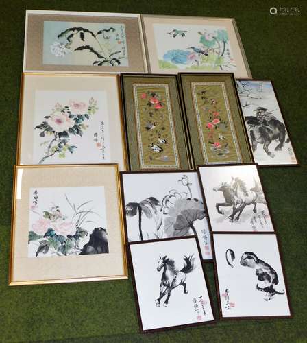 Various Chinese pictures. Figure riding buffalo with P Head, owners stamp, 59cm x 30cm, various