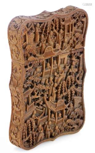 A 19thC Cantonese carved sandalwood card case, profusely decorated with many figures in an