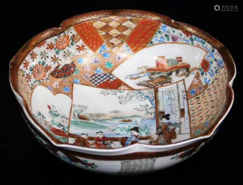 A Japanese lobed Satsuma bowl, decorated overlapping shaped panels depicting women and children in a