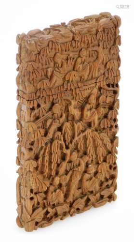 A 19thC Cantonese carved sandalwood case, of rectangular form, with removable lid, profusely