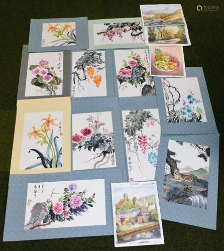 Various Chinese pictures. Still life, trees, etc., watercolour and wash with seal marks, 46cm x