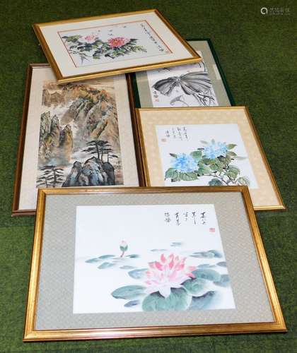 Various Chinese pictures. Dragonflies and trees, wash with seal mark, 50cm x 32cm, various other