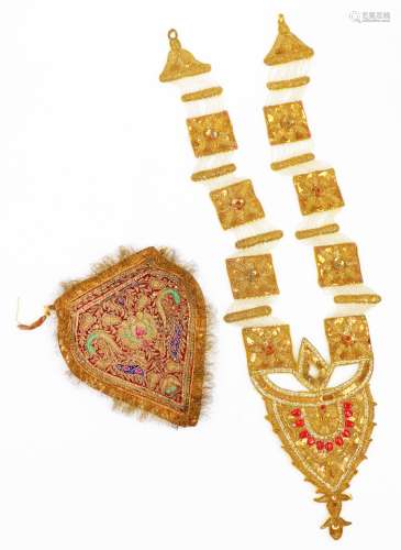 An early 20thC Indian ceremonial bullion work dress adornment, with pearl attachment, set with