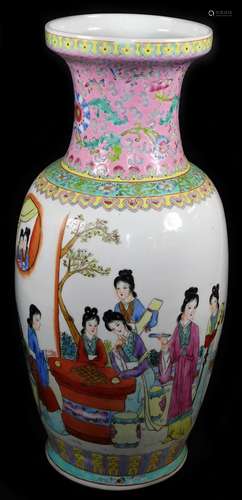 An early 20thC Chinese famille rose baluster vase, enamelled with women playing games at a table,