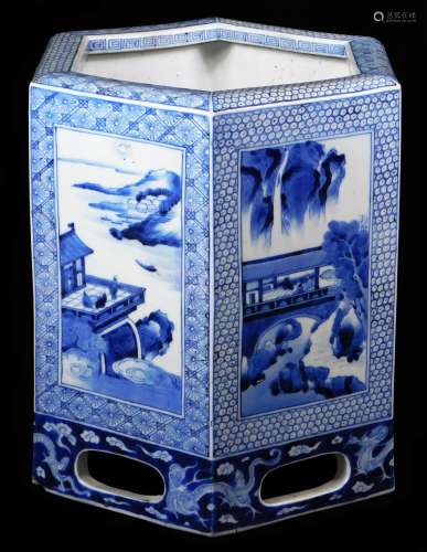 A Chinese Republic porcelain blue and white jardiniere, of hexagonal form, decorated with panels