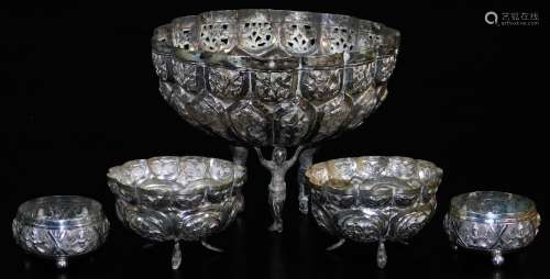 Various early 20thC dishes bowls, circular salt repousse decorated with various gods, flowerhead