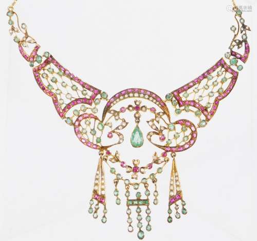 An early to mid 20thC Indian necklace, set with layers of semi precious stones, comprising seed