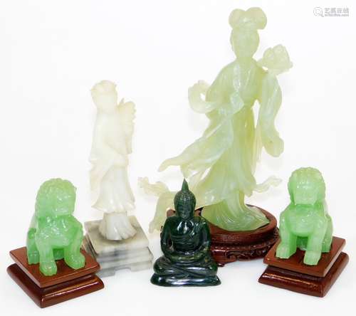 Various Chinese mottle green hard stone quartz style and other carvings, a pair of temple dogs, 10cm