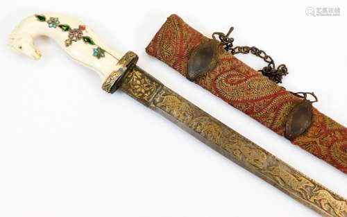 A 19thC Indian Shamshir sword, the slightly curved blade decorated with a hunting scene in gold