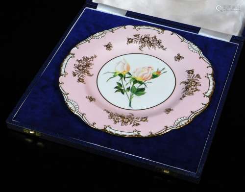 A Minton Bengale rose pattern cabinet plate, decorated with flowers, signed R H Giles, of shaped