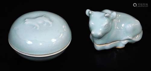 A Japanese celadon circular porcelain kogo (incense box), decorated in low relief with an Akita dog,