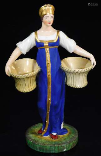 A Russian Gardner double salt figure, formed as a lady in flowing robes with gilt highlights,