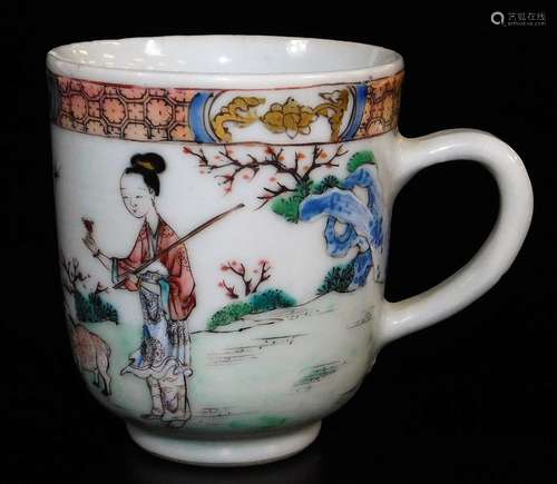 A Chinese export porcelain coffee cup, finely enamelled with women holding flowers, accompanied by