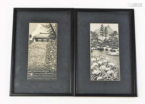 A pair of Japanese black and white woodblock prints, of steps rising towards a temple, and a