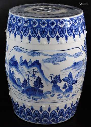 A 20thC Chinese blue and white porcelain barrel, of cylindrical form, with pierced top and raised