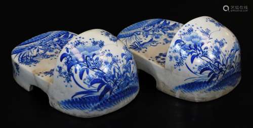 A very rare pair of Japanese Seto porcelain shoes, decorated in underglaze blue with poppies,