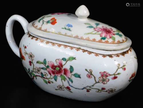A scarce famille rose Chinese export porcelain bourdaloue, the cover with a spearhead border, floral