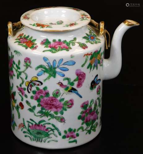 A 19thC Cantonese famille rose kettle, of cylindrical form, with removable lid, and double strap