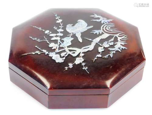 A late 20thC Chinese lacquer and mother of pearl finish box and cover, of hexagonal form decorated