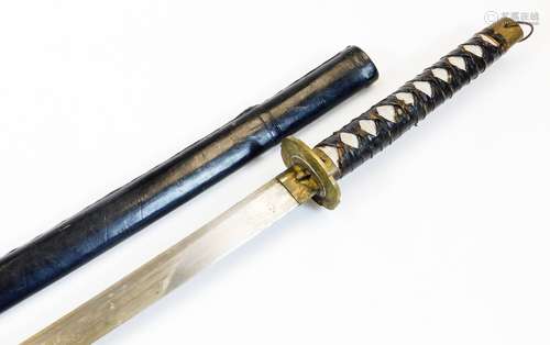 A 20thC samurai sword, with curved plain blade, bound handle and plain pommel with compressed loop